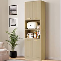 Kitchen Pantry Cabinet, 75" Tall Wood Storage Cabinet with Doors and Shelves, 4 Doors Open Countertop Utility Hutch Cupboard for Dining Room Living Ro