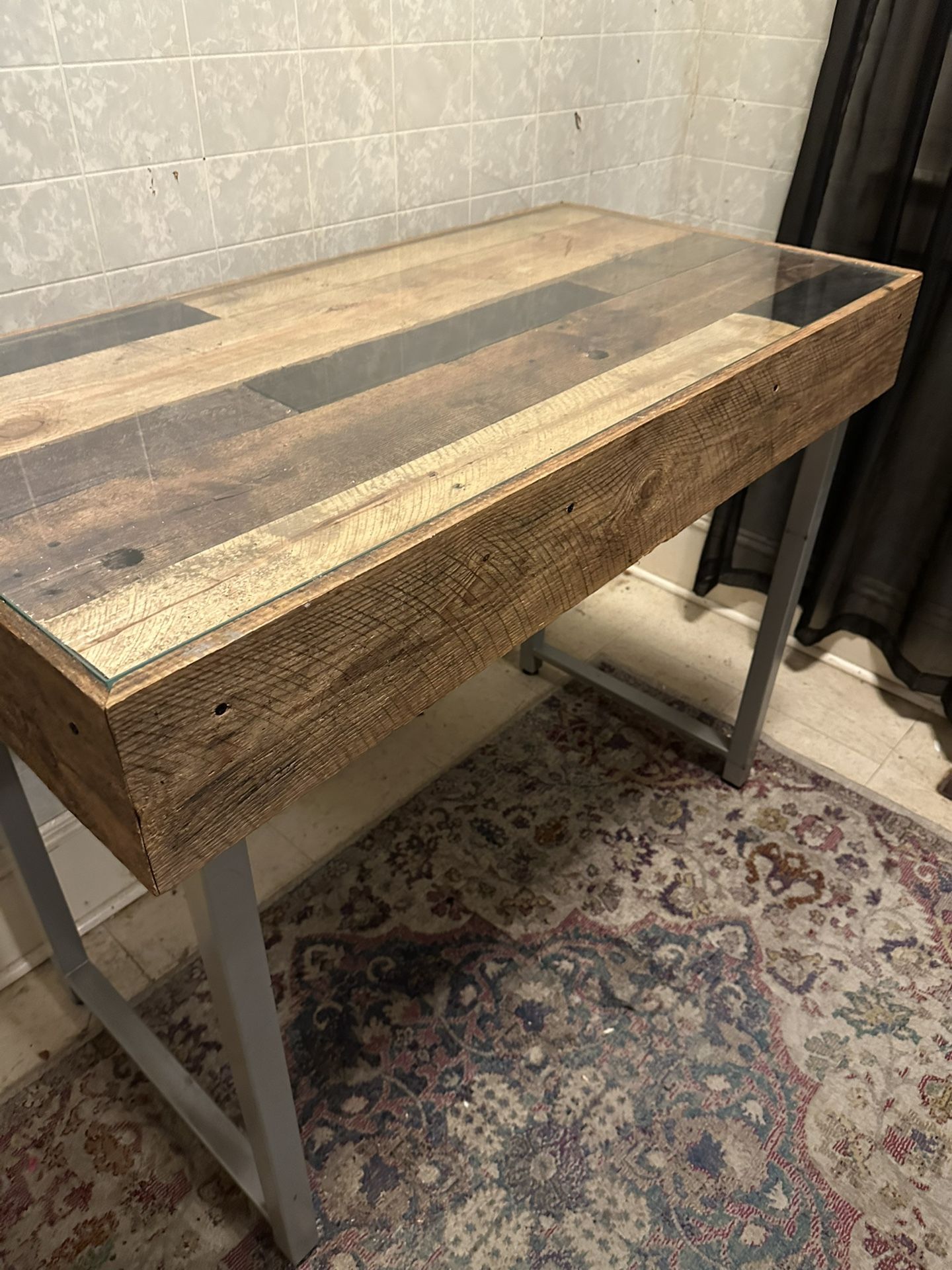Hand-Crafted Reclaimed Wood Bar Table Glass & Metal, 3 Feet, 10 Inches