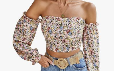 Women's Off The Shoulder Lantern Sleeve Crop Tops Ditsy Floral Boho Blouse Shirt