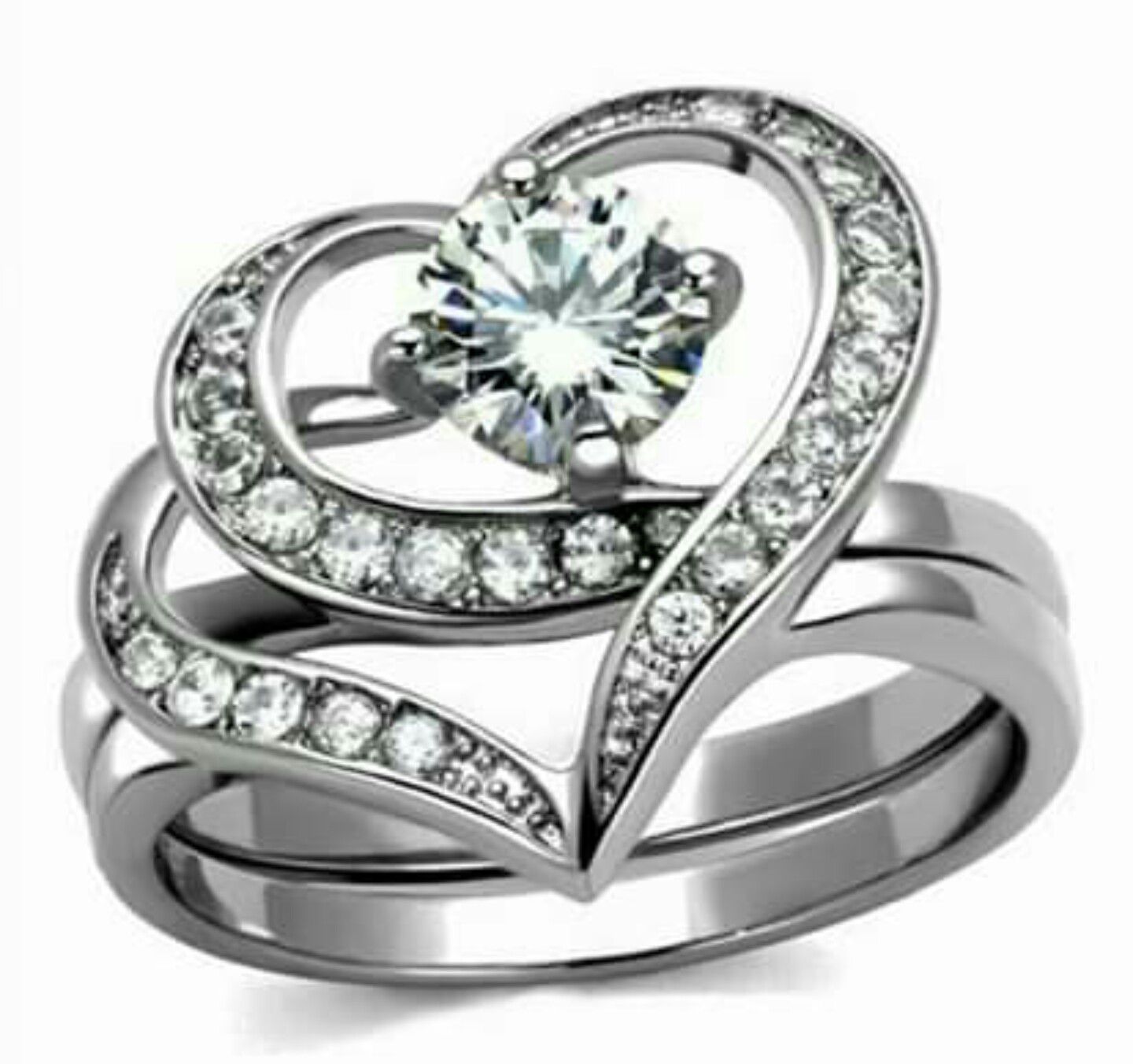 Stainless Steel CZ Heart Wedding Ring Set