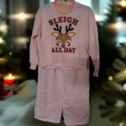 Sleigh All Day" Reindeer Pink Fleece Pajama Set - Perfect for Cozy Winter Nights!