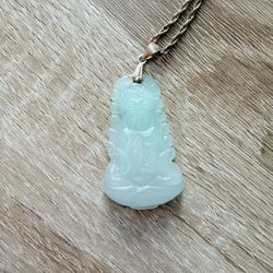 Icy Green Jade Guanyin Buddha Pendant With 925 Gold Bond Silver 20” Necklace
