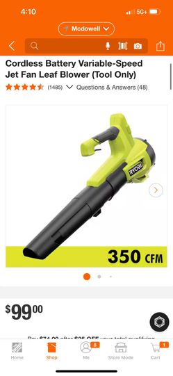 RYOBI ONE+ 18V 100 MPH 350 CFM Cordless Battery Variable-Speed Jet Fan Leaf Blower (Tool Only)