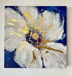Abstract White Floral Canvas Painting with Gold Leaf Accent