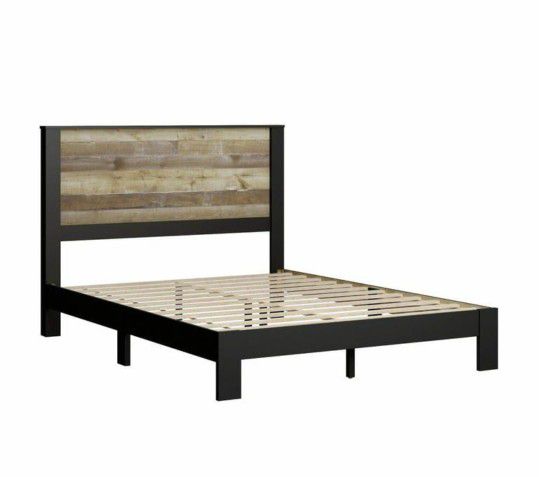 Bezza Panel Queen Size Platform Bed, Knotty Oak and Black Matte