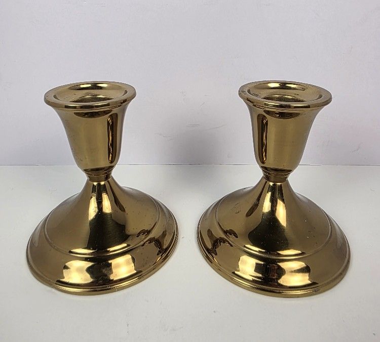 2~Towle Brass Pair Candle Stick Holders 3.75" Tall 3.5" Wide Base Vintage MCM