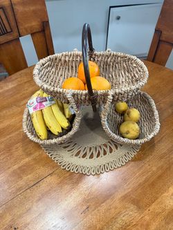 3-Tier Woven Wicker Fruit Basket with Handle