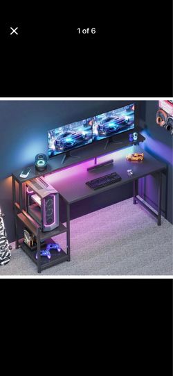 New 48"/55" Gaming Desk with LED Lights, Monitor Stand & Storage Shelves - Carbon Fiber Black