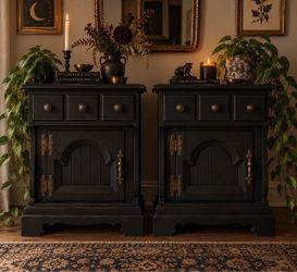 Pair of Refinished Solid Pine Nightstands | Black Gothic / Dark Academia | Vintage Bedside Tables