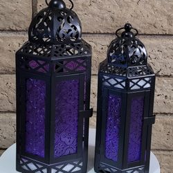 Purple Glass Metal Moroccan Decorative Candle Lanterns with LED Fairy Lights and remotes