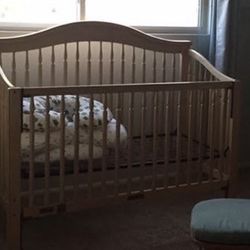 Crib, Mattress, Mattress Protectors (2), Fitted Sheets (2), Grey Crib Skirt