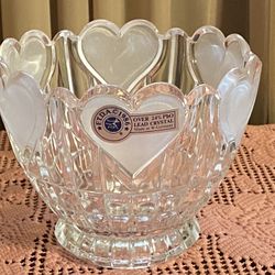 Vintage 1986 Satin Frosted Hearts 24% Lead Crystal Bowl Crafted In West Germany