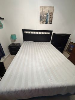 Dark Wood Queen Bed Frame with Nightstand and Dresser