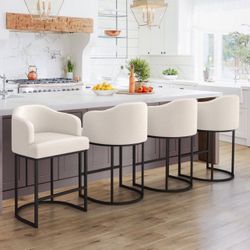 Crystal Beige 26 in.Counter Height Fabric Upholstered Bar Stool Kitchen Island Stool With Black Metal Frame Set of 4