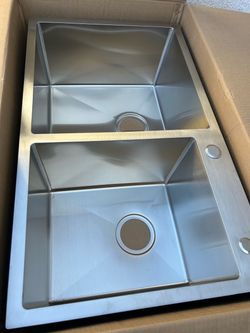 COZY 32" x 19" Overmount Handmade Sink, Stainless Steel Double Bowl, Brushed Nickel with Drain and Hook, CZY-SS-BR03D-321908
