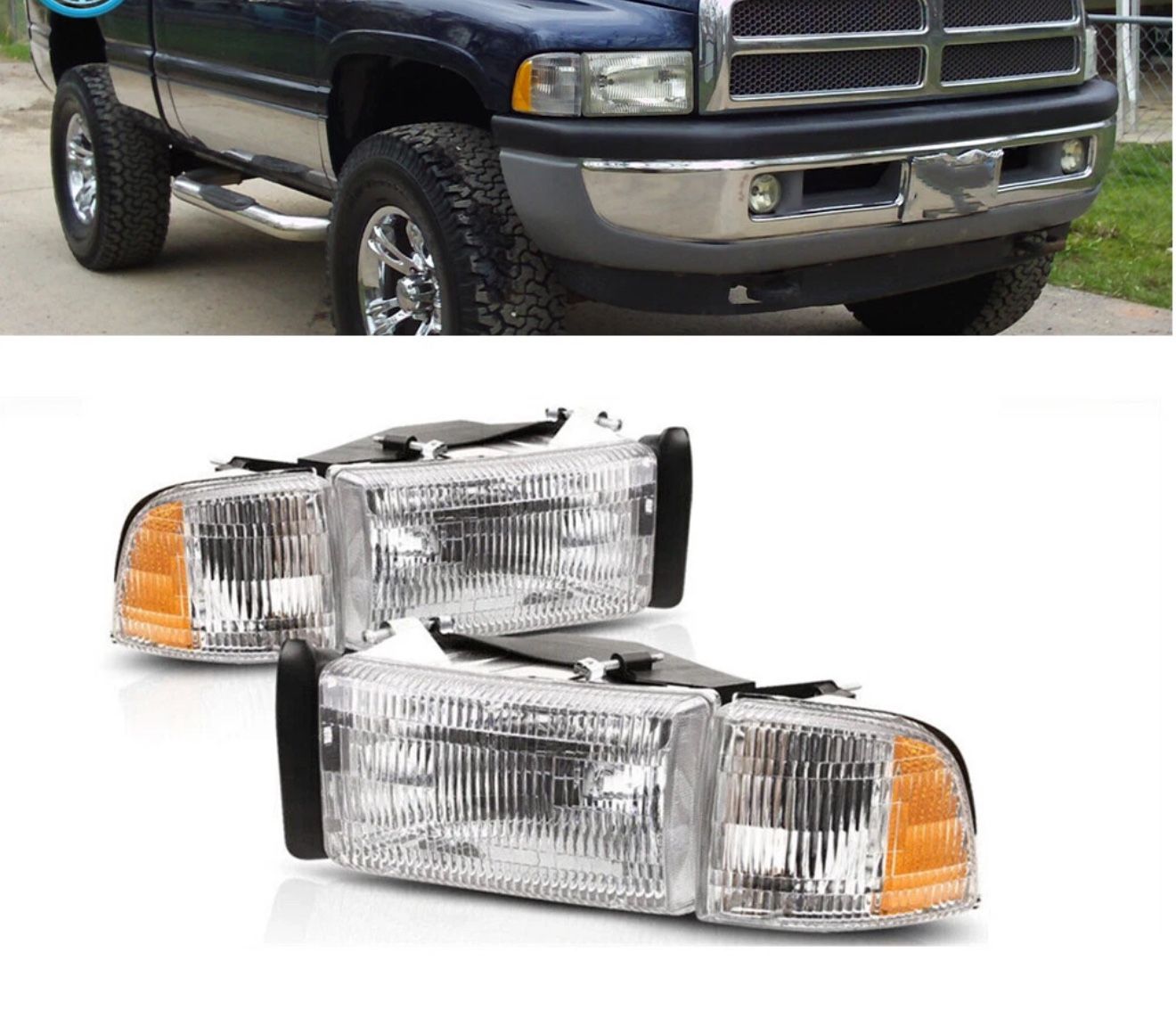 New Pair 1994-2002 Dodge Ram 1500 2500 3500 Left Right Side Chrome Headlights Headlamps