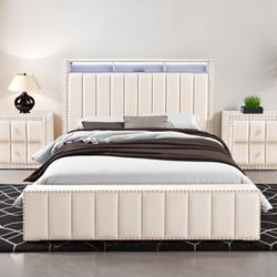 BED FRAME Queen Platform Bed Frame Storage Headboard with LED Light NEW IN THE BOX