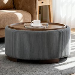 E921 $90  29.5 Inch Round Storage Ottoman Coffee Table,Modern Circle Coffee Table with Storage with Removable Lid Top and Solid Wood Legs,Large Round 