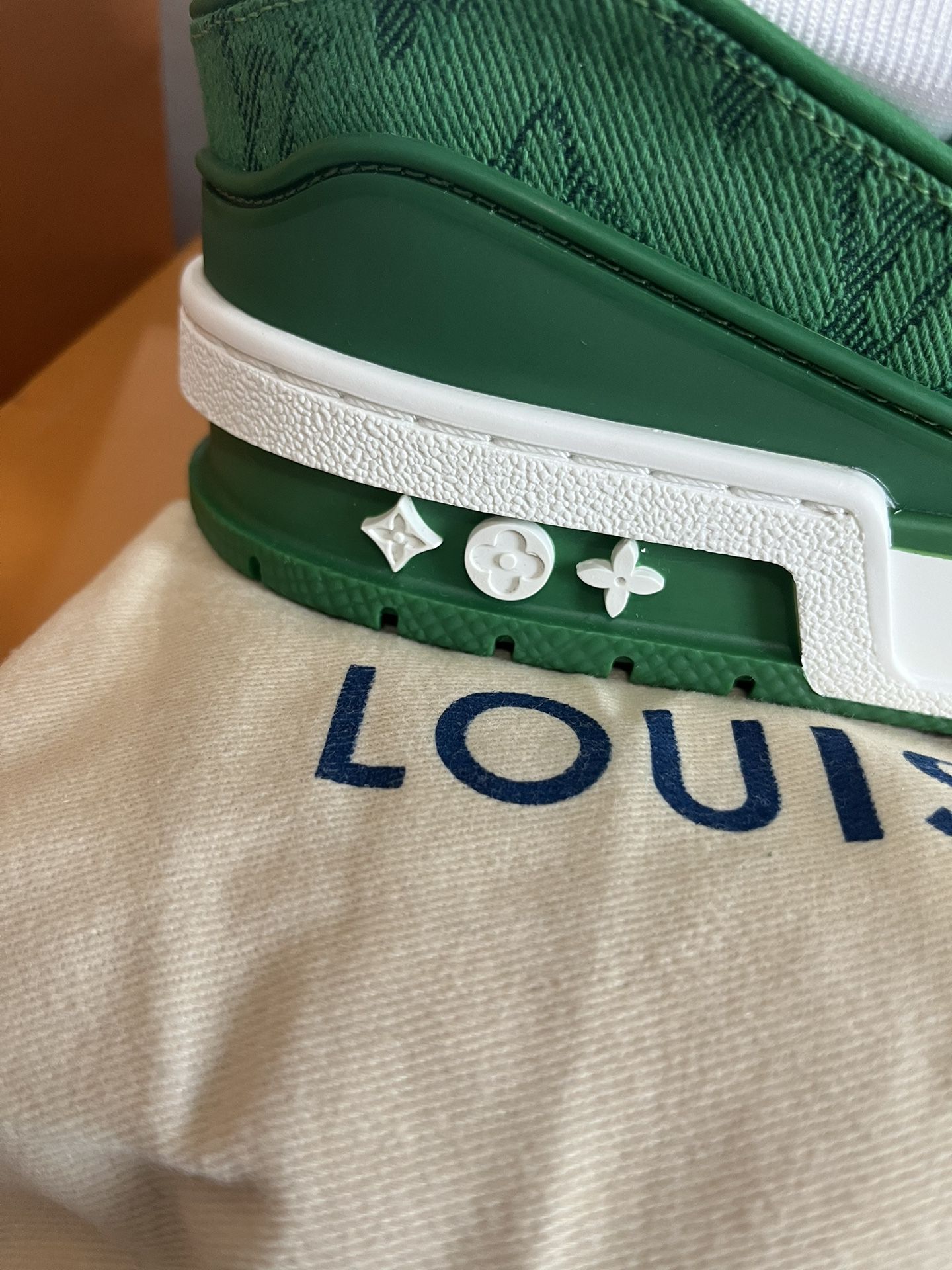 SALEOFF Louis Vuitton Trainer Green Monogram Denim White Sneaker - USALast