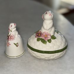 Vintage 1(contact info removed) Avon Bunny on a Wicker Trinket Box & Bunny Flower Bell