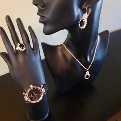 Ladies Gift Set Includes Earrings, Necklace, Watch And Ring Color Black/ Gold 