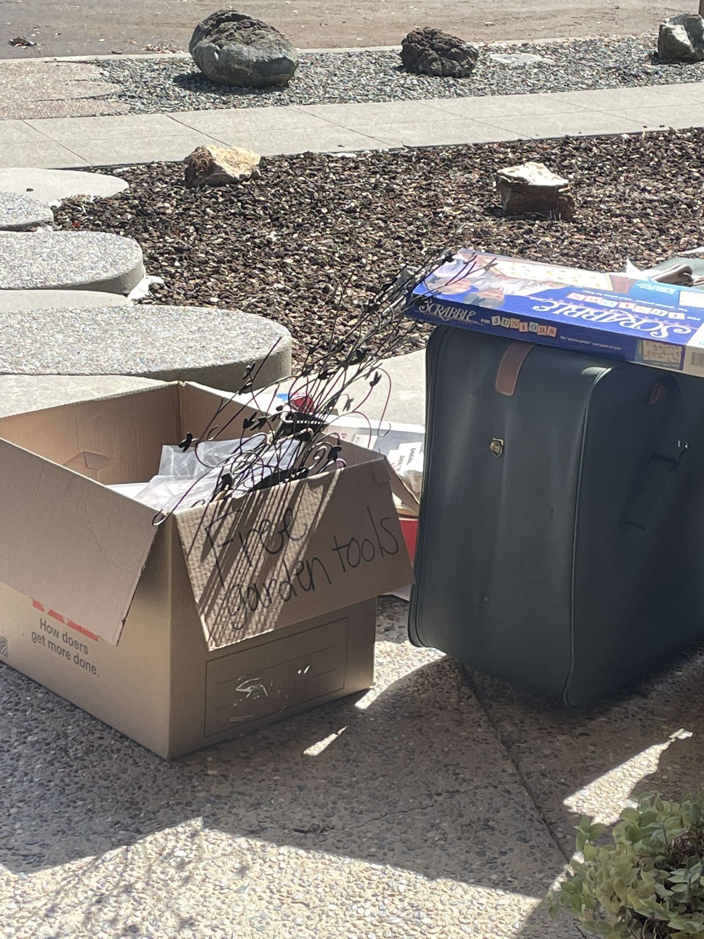 Free items- curb alert (gardening tools, filing cabinet, decor, game, rolling luggage, office supplies, some glassware