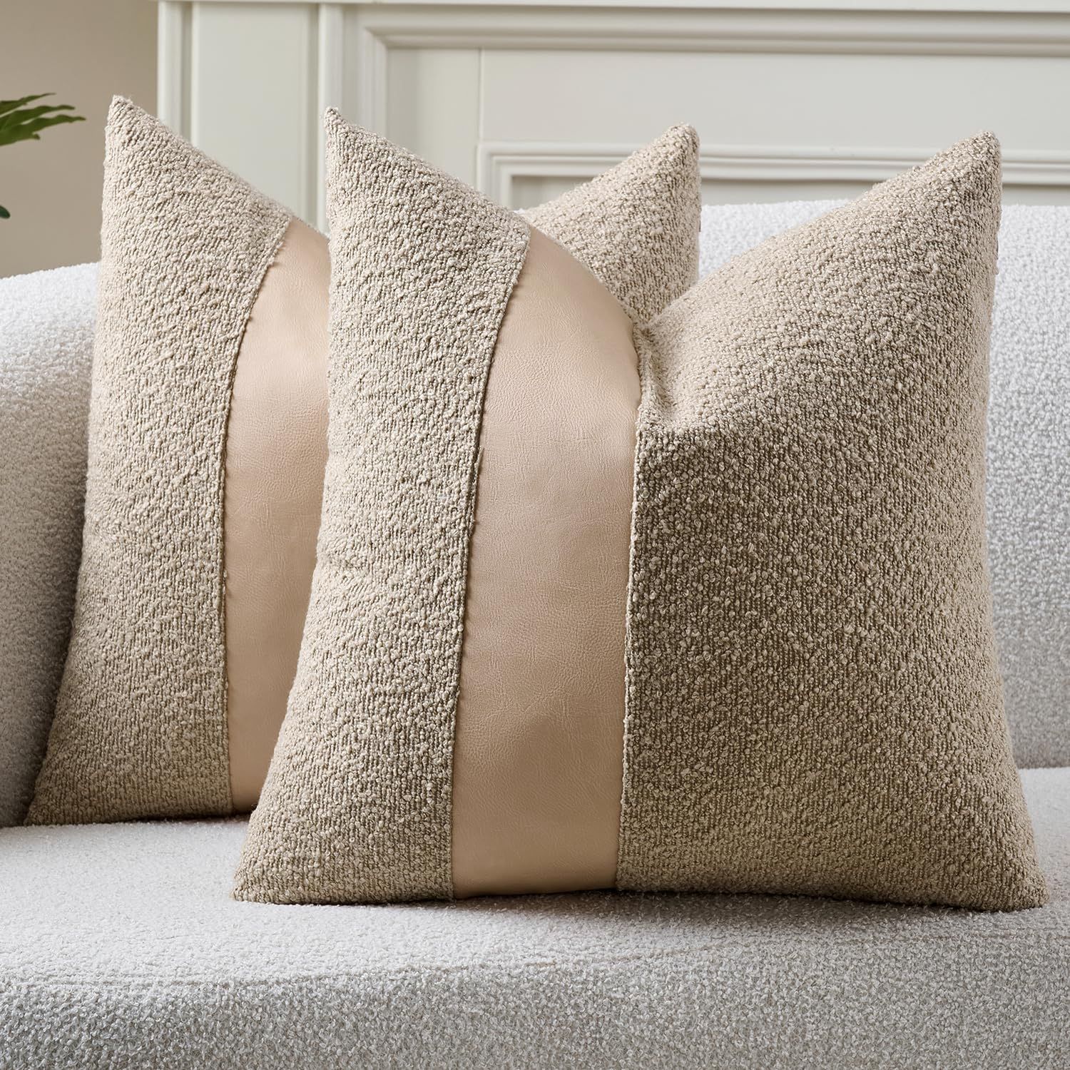 Pack of 2 18 x 18 Inch Faux Fur Boucle Throw Pillow Covers, Neutral ...