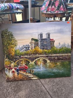 an Impressionist-style oil painting depicting a scene of Paris with the Seine River and Notre-Dame Cathedral
