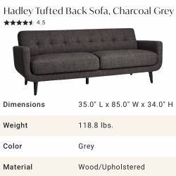 Hadley Tufted Back Sofa, Charcoal Grey with Pillows