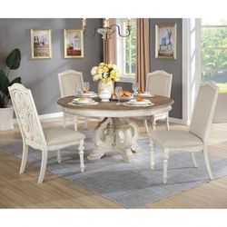 7 PC ANTIQUE WHITE IVORY ROUND-DINING-TABLE SET 