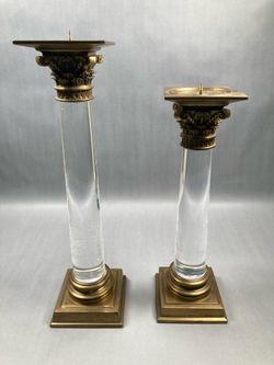 Vintage MCM Brass And Lucite Candle Holders.  15.5" & 18" Over all good condition