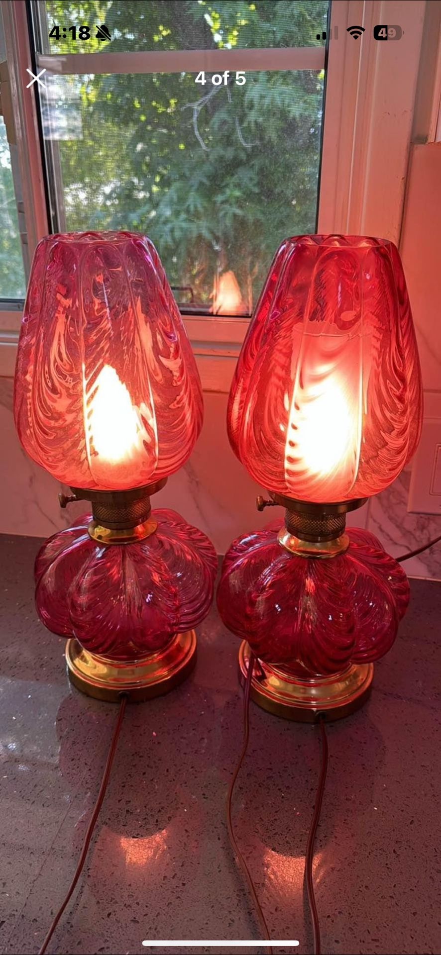Cranberry Fenton Glass Hurricane Lamps Antique Vintage