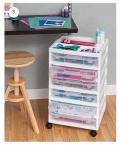 6 Drawer 12" x 12" Scrapbook Rolling Storage Cart with Organizer Top and 6 Clear Cases, White