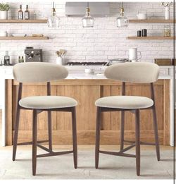Set of 2: Counter Height Bar Stools Upholstered Wood Kitchen Island Chairs Set Mid Century Beige