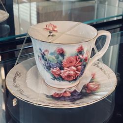 Adorable Tea Cup & Saucer W Religious Quote