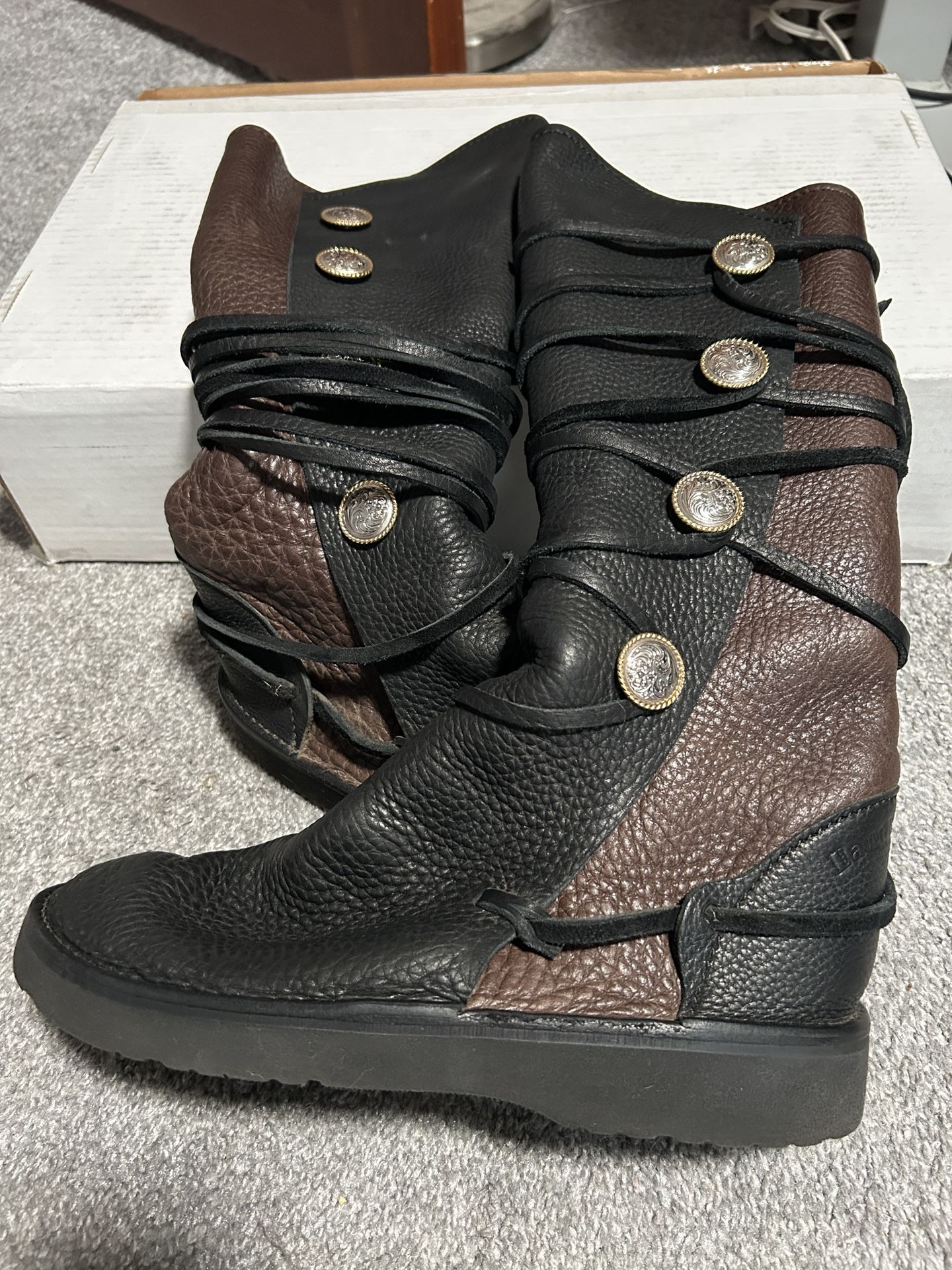 Men’s 16” Calf Length Leather Boots-Brown/charcoal Color