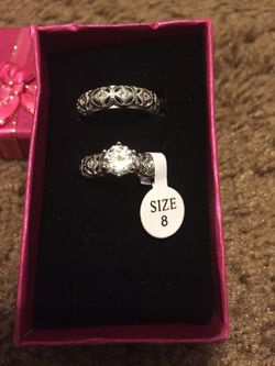 Sterling silver cubic zirconia two ring wedding band set for women