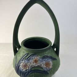 Vintage Green Blue Floral Basket Handle Pottery Clay Decorative Vase 9 X 5.5 In