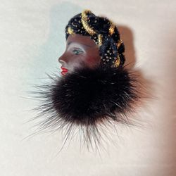 Jaretta African lady Flapper headdress & Mink Brooch.