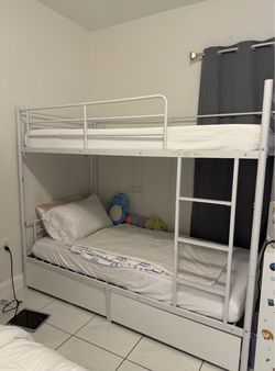 White Metal Twin Bunk Bed with Storage Drawers and Mattresses