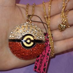 NWT & Box Vintage Rhinestone Betsey Johnson Pokeball Necklace 