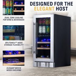 15" Dual Zone Beverage Refrigerator & Wine Cooler for 9 Bottles & 48 Cans | Freestanding or Built-In Under Counter Mini Fridge for Beer, Wine and Soda