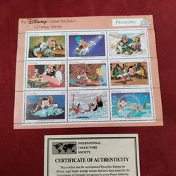 Coins .Set Of 9 Pinocchio Stamps, Certificate Of Authenticity Limited .