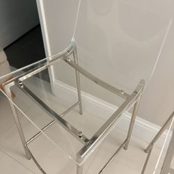 Set of three (3) 24” Crate and Barrel/ CB2 clear acrylic bar stools with thin nickel legs.