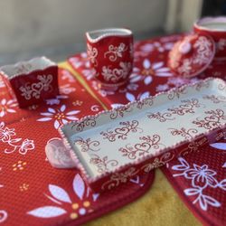 Stoneware, China Dish Set And Two Decorative Table Clothes 
