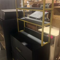  4-Tier Bookshelf, Tall Bookcase with 2 Wooden Drawers, Modern Ladder Book Shlef Storage Organizer for Living Room, Entryway, Office, Black Gold -$ 10