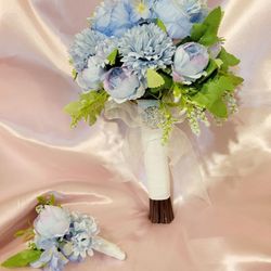 NEW! Bride Flower Wedding Bouquet & Groom Boutonniere (Blue)