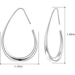 Lightweight Teardrop Hoop Earrings for Women - White Gold Plated Large Oval Pull Through Hoop Earrings High Polished Statement Jewelry Gift for Women 