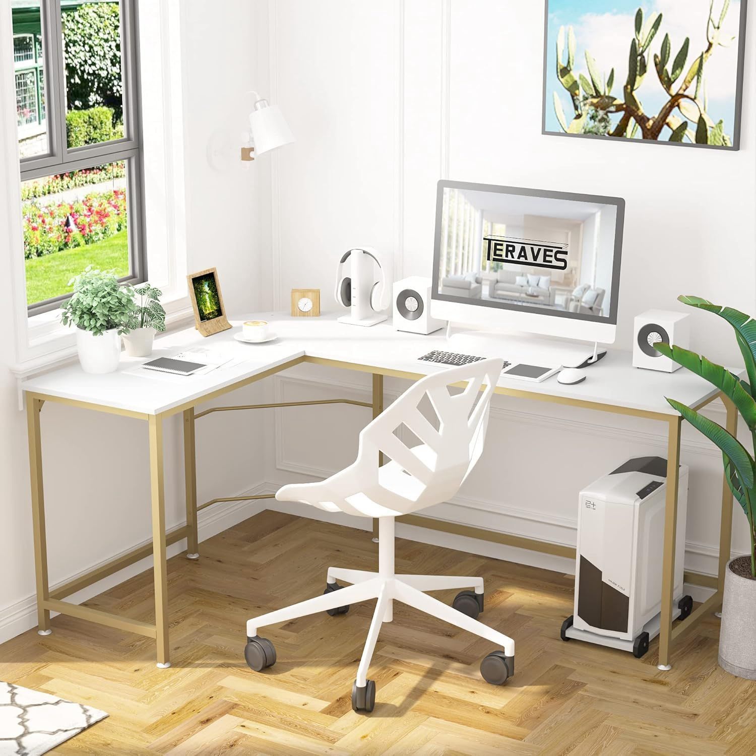 Reversible L Shaped Desk - White and Gold (2 Available)