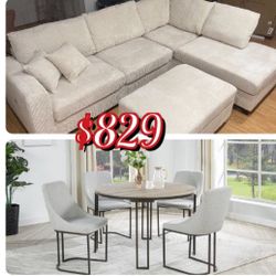 Ivory Sectional Sofa With Storage Ottoman And Elegant 5-Pc Dining Table Set ($829‼️)